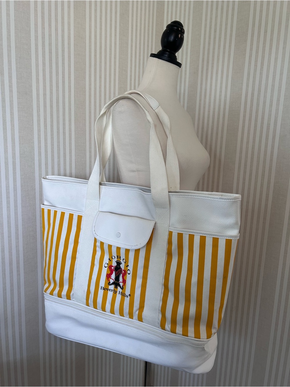 Vintage Giorgio, Beverly Hills XL Canvas Yellow Striped Tote Bag 1980s